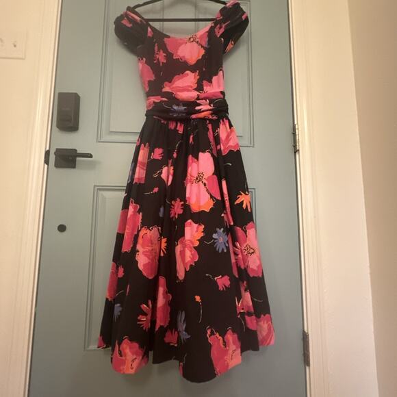 Vintage 1980s‎ Laura Ashley Great Britain Black Pink Floral Dress Full Skirt 8 - Picture 14 of 16